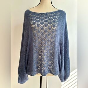 Boat Neck Open‎ Weave Blue Crochet Knit Loose Drop Shoulder Pullover Coco+Carmen